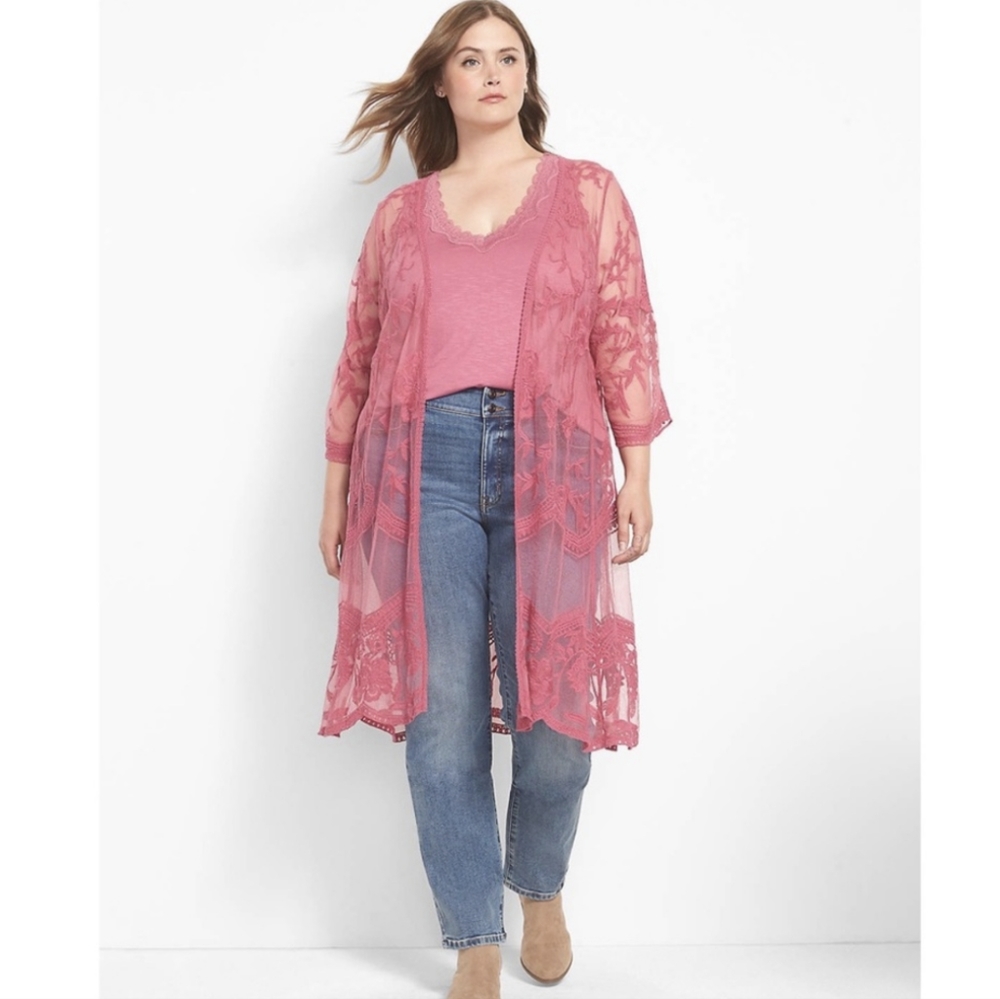 LANE BRYANT sheer lace floral embroidered kimono long duster cardigan Cover-up